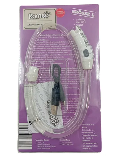 Romeo LED-Leuchtband Halsband Hund Größe L USB-C aufladbar transparent