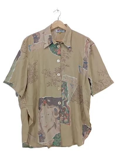 Blue Effect Damen Bluse Vintage Print Kurzarm Beige Gr. S