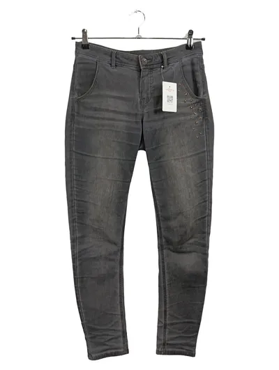 Taifun Slim Boyfriend Jeans Damen Gr. 34 Grau Sterne Nieten Straight Leg