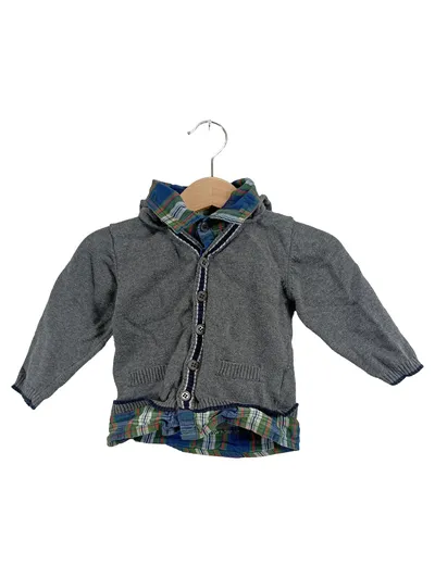 STACCATO Strickjacke Jungen Grau Gr. 74 Kapuze Karomuster Baumwolle