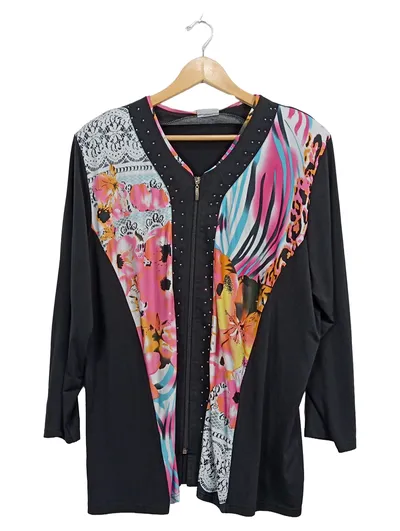 La Verité Damen Leichte Jacke Schwarz Blumenmuster Gr. 44 XXL Reißverschluss