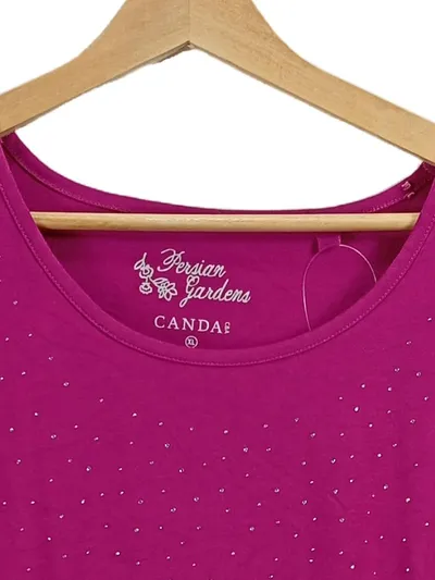 Canda Damen Pullover Kurzarm Pink Gr. 42 XL Strasssteine Casual