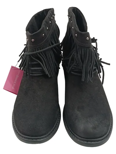 Damen Stiefeletten Fransen Nieten Boho Wildleder-Optik Schwarz Gr. 38