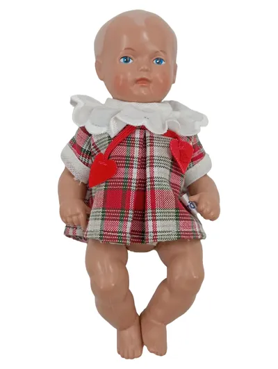 Schildkröt Babypuppe 17cm kariertes Kleid Kunststoff Nostalgisch Mehrfarbig
