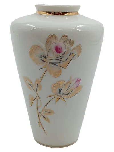Hertel Jacob Bavaria Porzellan Vase Rosenmotiv Gold Weiß Klassisch 16cm