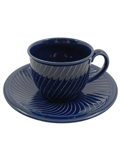 Gallo Design Kaffeetasse mit Untertasse Porzellan Blau Rillen-Dekor 250ml