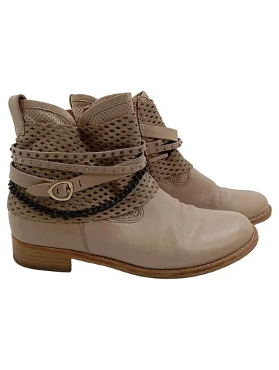 Gabor Damen Stiefelette Beige Gr. 38.5 Leder Nieten Kette Bohemian