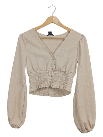 Monki Damen Crop Bluse Langarm Beige Smocked Waist Gr. S