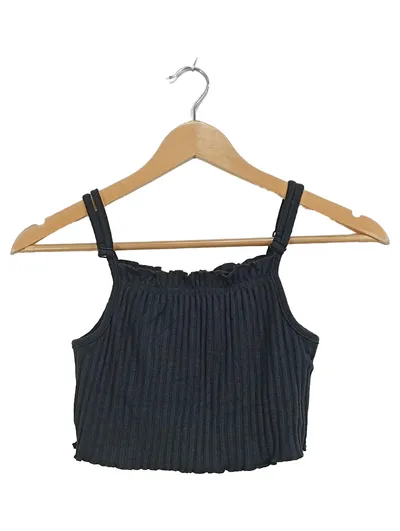 SDELMAR Damen Crop Top Rippstrick Schwarz Gr. M Träger Rüschen