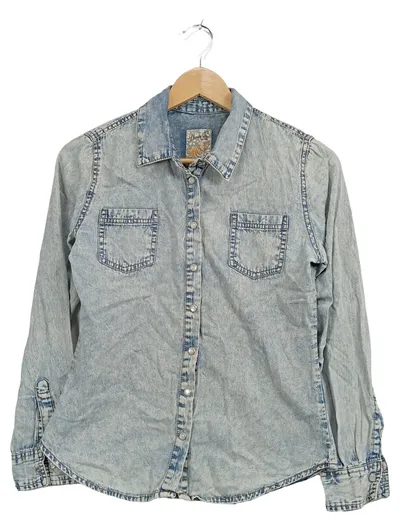 Denim Co. Damen Jeanshemd Hemdbluse Gr. 34 XS Hellblau Acid Wash Langarm
