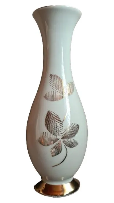 Bareuther Waldsassen Porzellan Vase Weiß Gold Blattmuster Bayern 18,5cm
