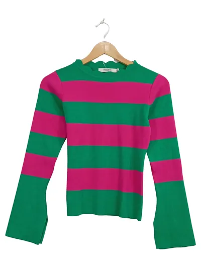 By Clara Paris Damen Pullover Gestreift Grün Pink M/L Trompetenärmel