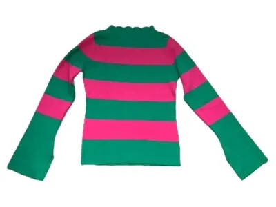 By Clara Paris Damen Pullover Gestreift Grün Pink M/L Trompetenärmel