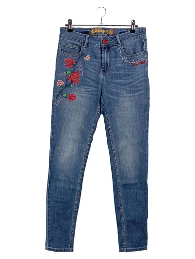 Desigual Damen Jeans Slim Fit Blau W30 Gr. 38 Blumen Stickerei