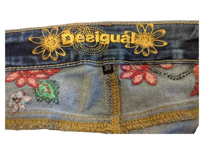 Desigual Damen Jeans Slim Fit Blau W30 Gr. 38 Blumen Stickerei