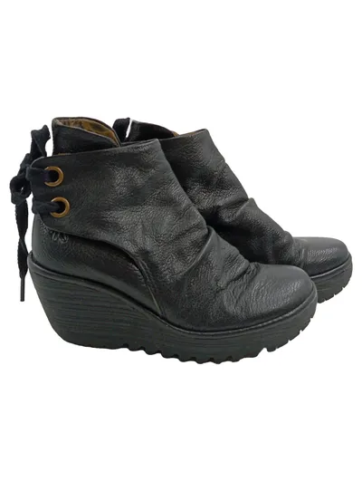 Fly London Yogi Damen Stiefelette Schwarz Leder Keilabsatz Gr. 36