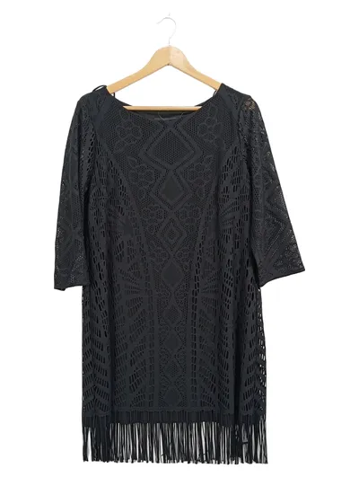 Ana Alcazar Damen Strickkleid Tunikakleid Gr. 42 XL Schwarz Fransen Bohemian
