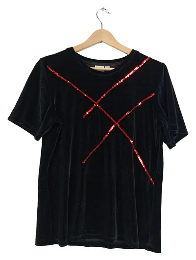 Michèle Boyard Samt Top Schwarz Pailletten Kreuz Gr. 44 Damen Elegant