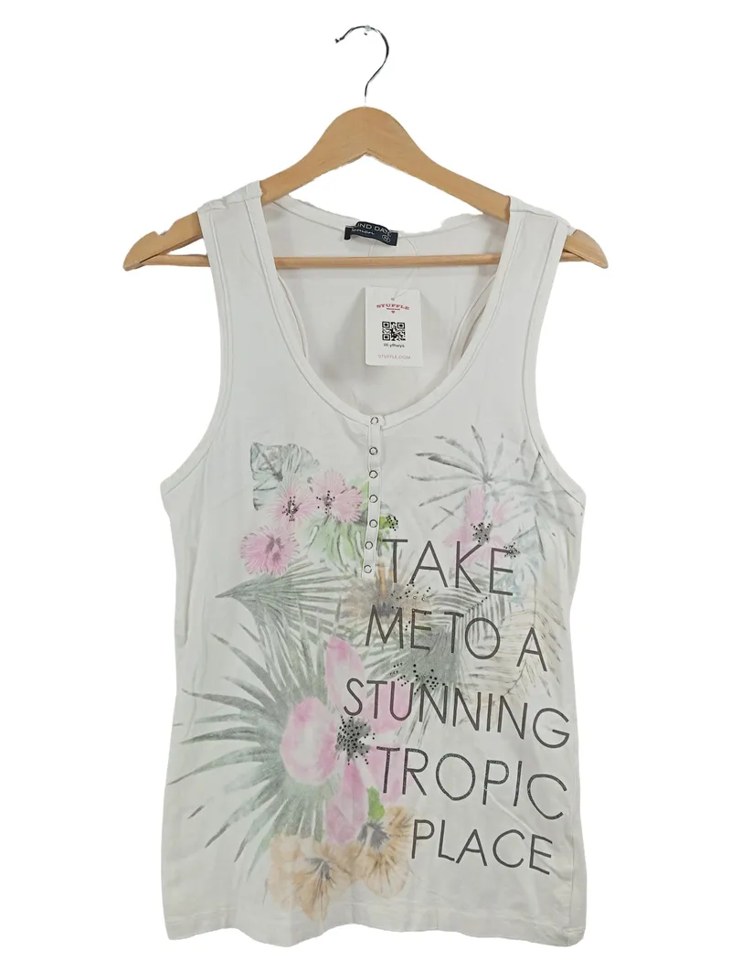 Blind Date Damen Top Weiß Gr. 40 L Floral Tropic Print Strass Casual 1
