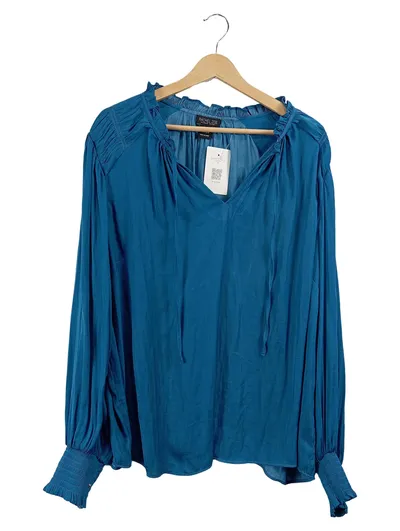 Rachel Zoe Damen Bluse Petrol Gr. 44 XXL Langarm V-Ausschnitt Rüschen Bohemian