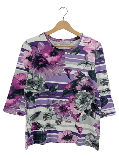 Bicalla Damen Pullover Shirt Lila Blumenmuster Gr. 38 M Viskose