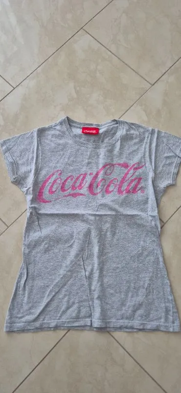 Coca-Cola T-Shirt Damen Gr. 40/42 Grau Pink Logo-Print Casual