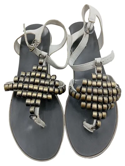 Obsel Damen Zehentrenner Sandalen Weiß Bohemian Perlen Gr. 37