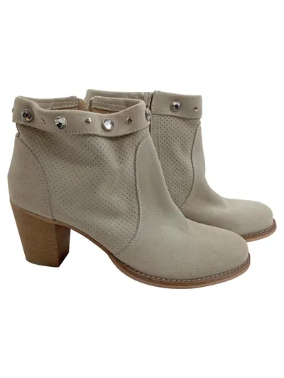 Alesya Damen Stiefeletten Beige Gr. 39 Leder Blockabsatz Strasssteine