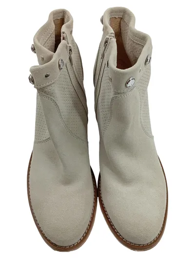 Alesya Damen Stiefeletten Beige Gr. 39 Leder Blockabsatz Strasssteine