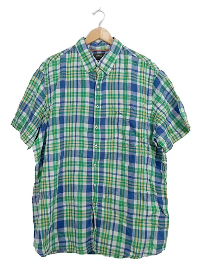 BRAX Herren Kurzarmhemd Karohemd Leinen Comfort Fit Gr. XXL Blau Grün
