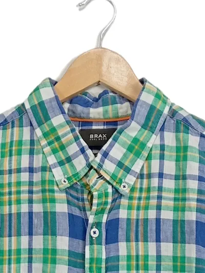 BRAX Herren Kurzarmhemd Karohemd Leinen Comfort Fit Gr. XXL Blau Grün