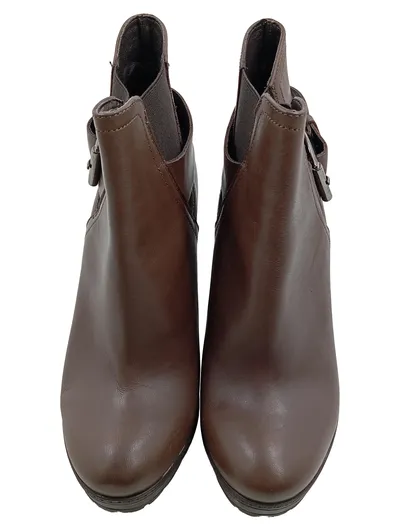 Alesya Damen Stiefelette Braun Leder Blockabsatz Schnalle Gr. 37