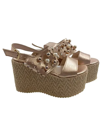 Alesya Damen Sandaletten Gold Gr. 35 Plateau Wedges Perlen Metallic