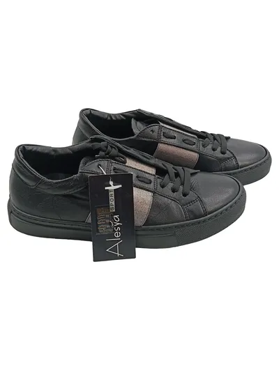 Alesya Damen Sneaker Low Schwarz Leder Gr. 36 Silberstreifen Schnürschuhe