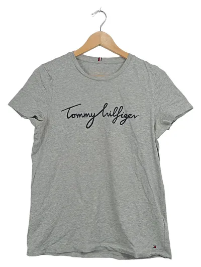 Tommy Hilfiger T-Shirt Damen Gr. M Grau Logo Schriftzug Baumwolle