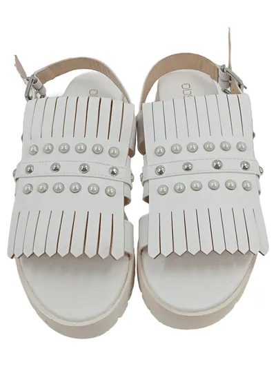 Obsel Damen Plateausandalen Weiß Gr. 38 Fransen Nieten Perlen Casual