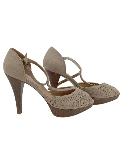 Alesya Damen Plateausandalen Peeptoe Beige Gr. 39 Elegant Lochmuster
