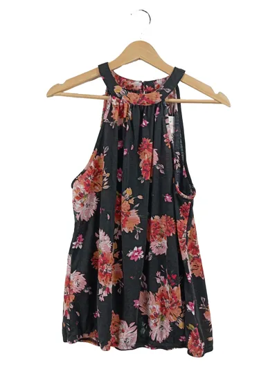 Blind Date Damen Top Gr. 40 L Schwarz Blumenmuster Ärmellos Casual