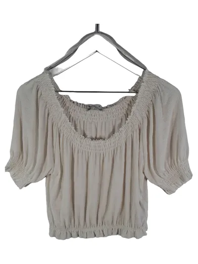 Zara Damen Bluse Kurzarm Raffungen Beige Gr. M Freizeit Polyester