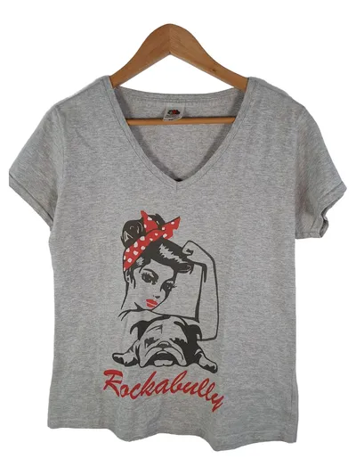 Fruit of the Loom Damen T-Shirt Rockabilly Bulldogge Grau Gr. 40 L