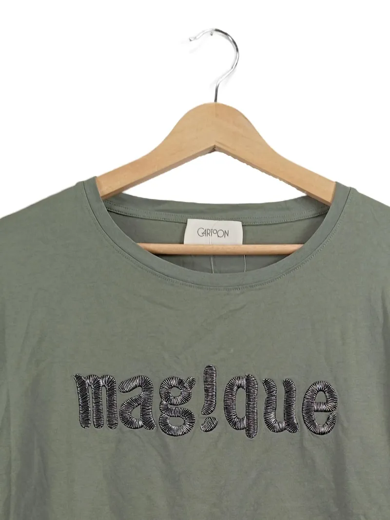Cartoon Damen T-Shirt Oliv Gr. 44 XXL mag!que Stickerei Casual 7