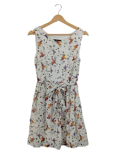 ISKA London Sommerkleid Vogelmuster Damen Gr. 38 Weiß Ärmellos