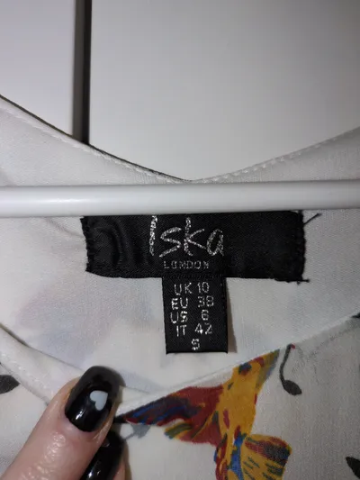 ISKA London Sommerkleid Vogelmuster Damen Gr. 38 Weiß Ärmellos