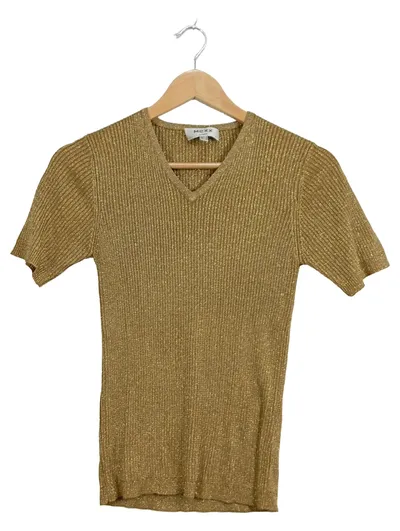 Mexx Damen Shirt Glitzer Gold V-Ausschnitt Kurzarm Rippstrick Gr. S