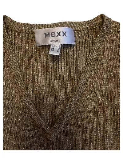 Mexx Damen Shirt Glitzer Gold V-Ausschnitt Kurzarm Rippstrick Gr. S