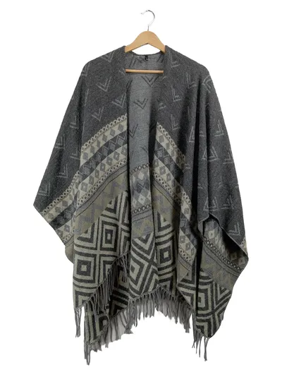 ONLY Poncho Damen One Size Grau Ethno Muster Fransen Boho