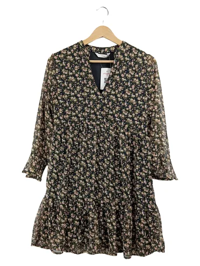 Pigalle Damen Kleid Gr. 36 Blumen Chiffon Langarm V-Ausschnitt Schwarz