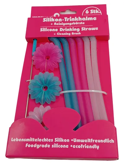 Kochblume Silikon-Trinkhalme 6er Set mit Reinigungsbürste BPA-frei