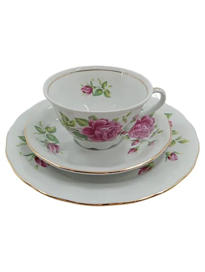CreaTable Teeservice Porzellan Rosenmuster Weiß Gold 3-teilig Tasse