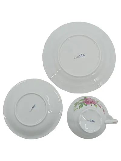 CreaTable Teeservice Porzellan Rosenmuster Weiß Gold 3-teilig Tasse